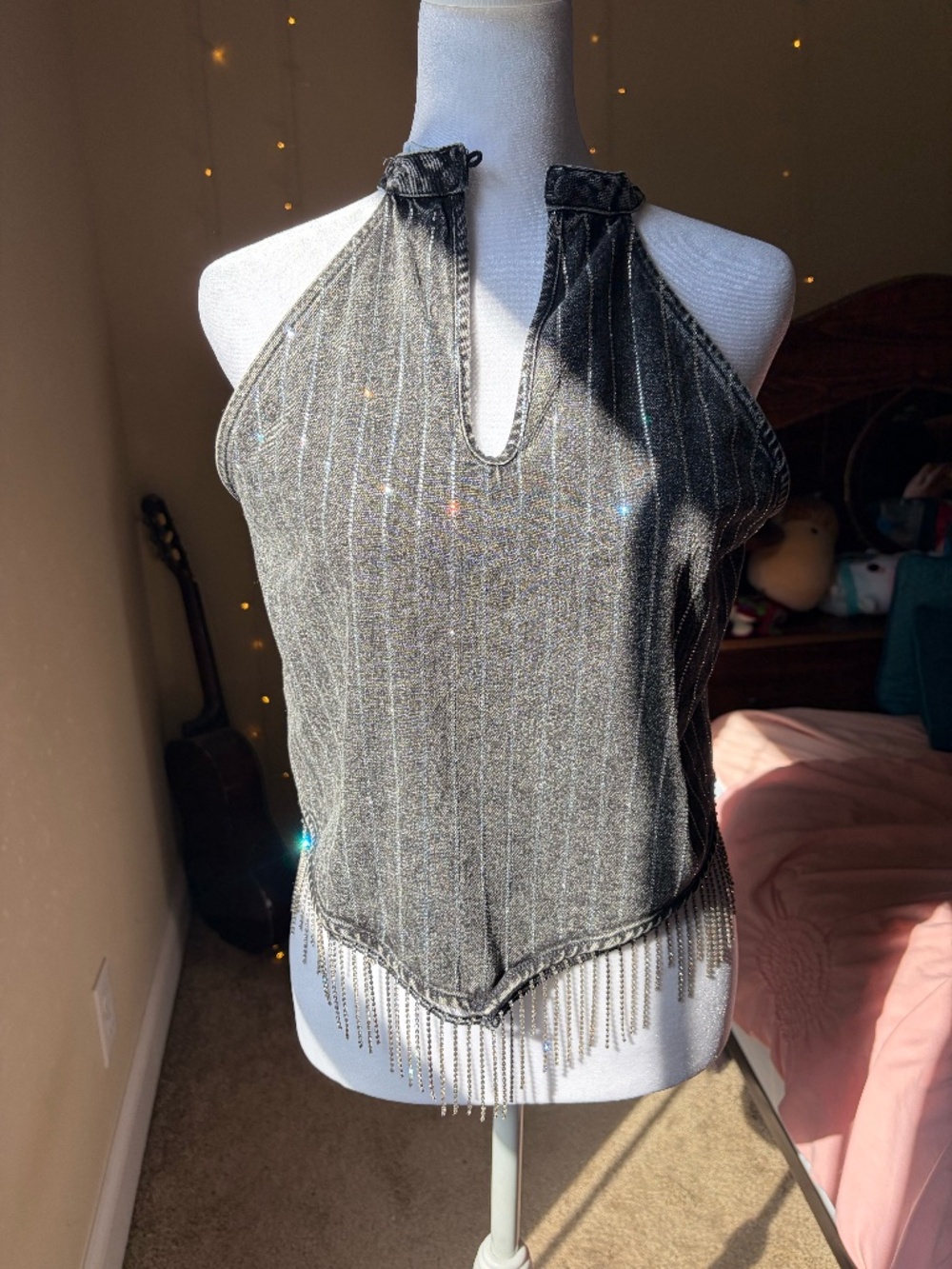 gorgeous dark gray acid-wash denim halter top is covered in vertical rhinestones